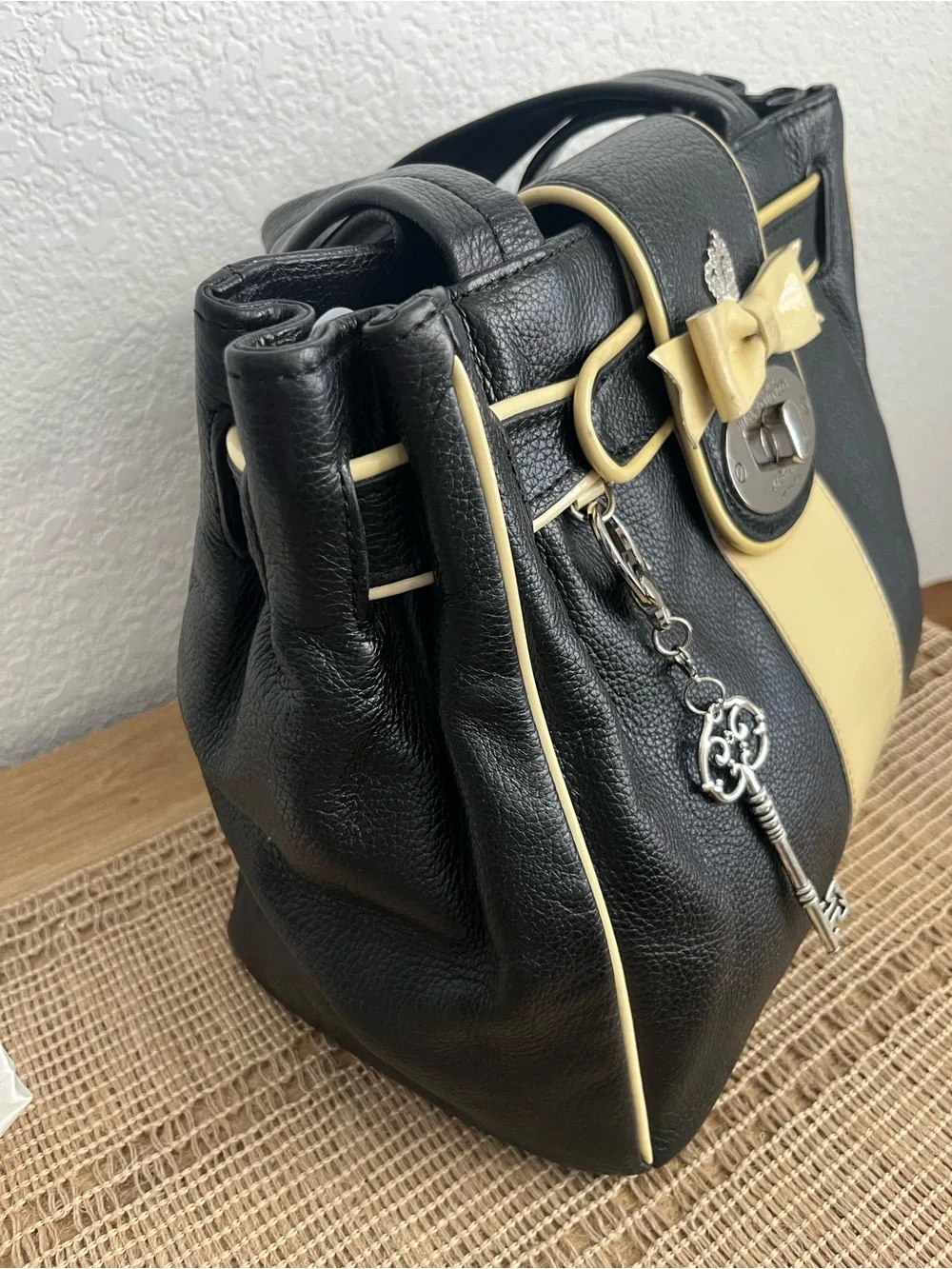 MY FLAT IN LONDON DEBUTANTE Black & Cream Soft Leather Bowtie Satchel